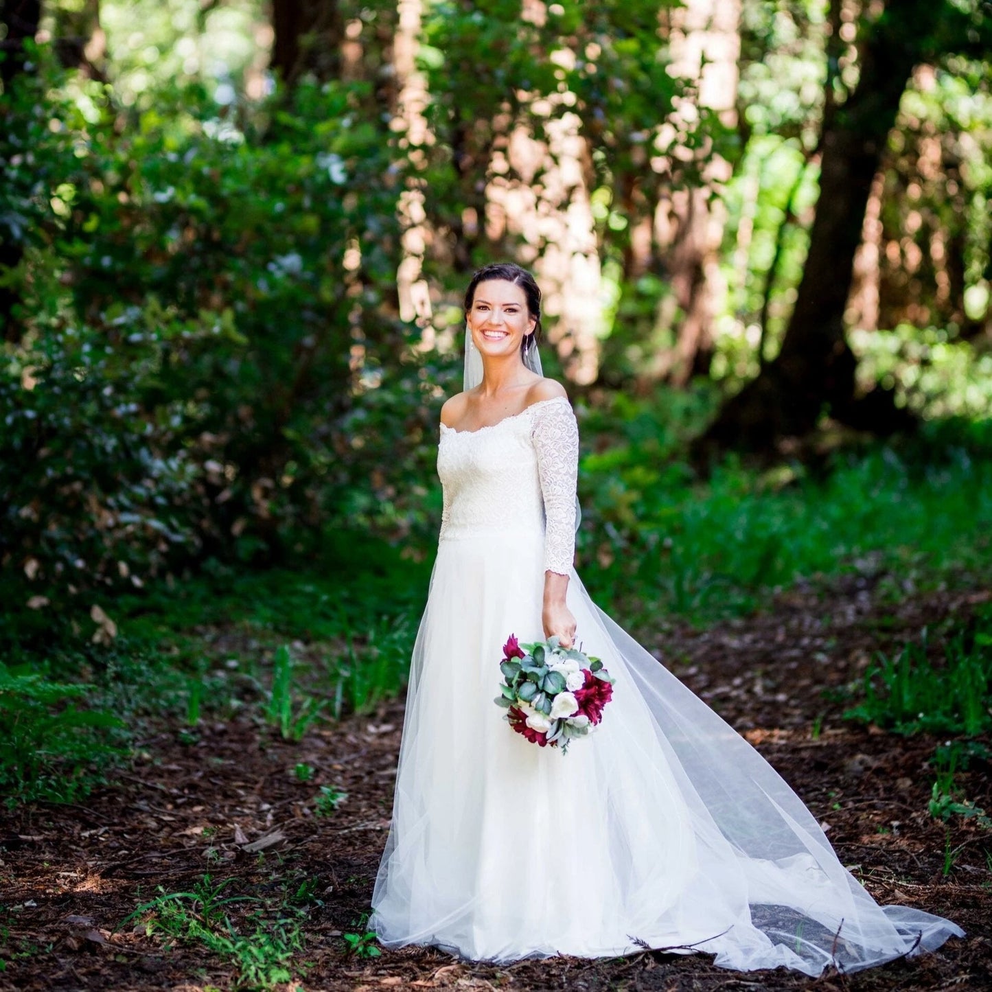 Ivory Off The Shoulder Lace & Tulle Wedding Dress With Train