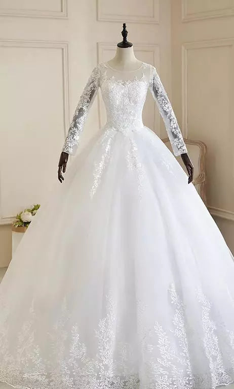 Vintage O Neck Full Sleeve Wedding Dress With Lace Embroidery