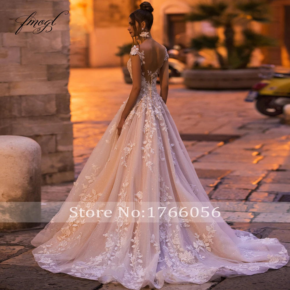 Backless Cap Sleeve Lace Bridal Gown With Flower Appliques