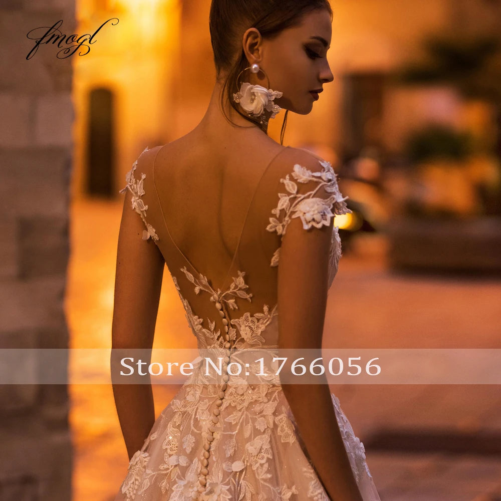 Backless Cap Sleeve Lace Bridal Gown With Flower Appliques