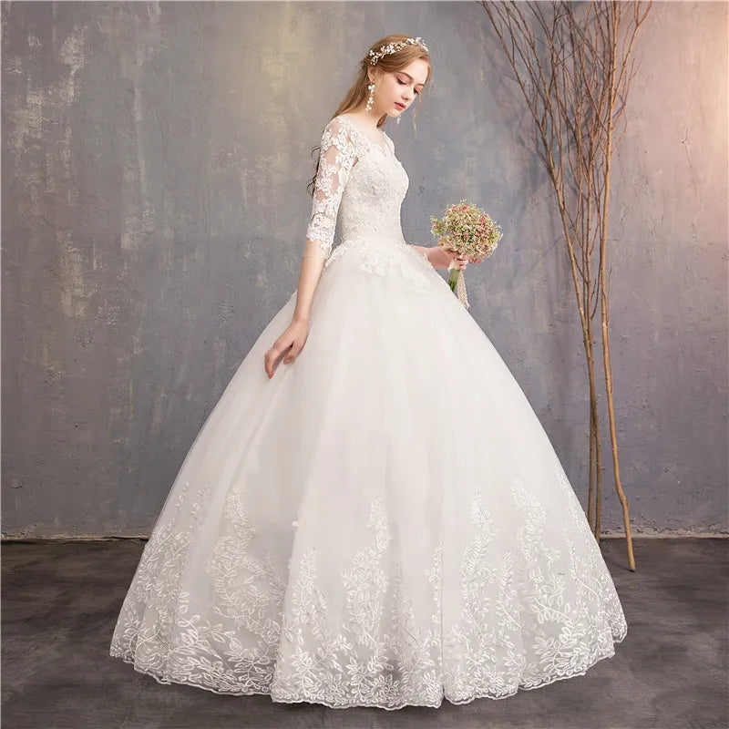 Lace and Tulle Wedding Dress With 3/4 Sleeve
