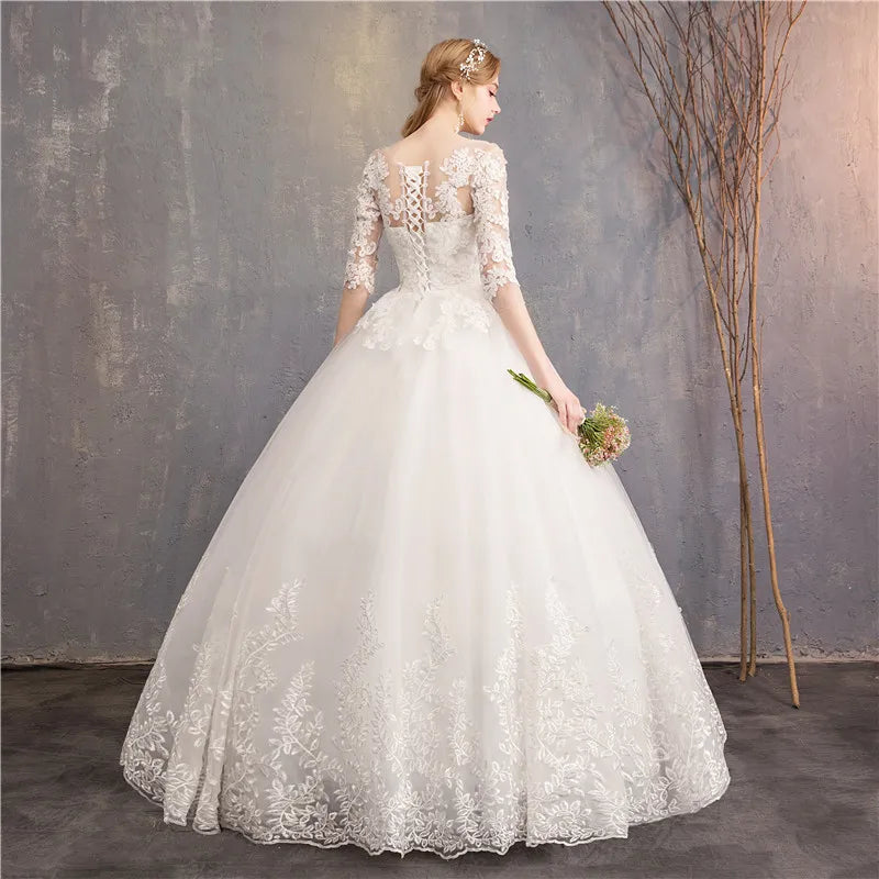 Lace and Tulle Wedding Dress With 3/4 Sleeve