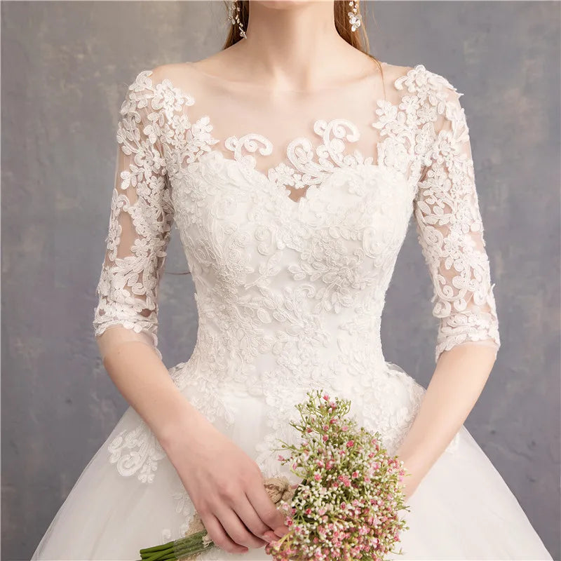 Lace and Tulle Wedding Dress With 3/4 Sleeve