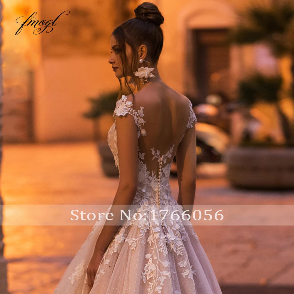 Backless Cap Sleeve Lace Bridal Gown With Flower Appliques