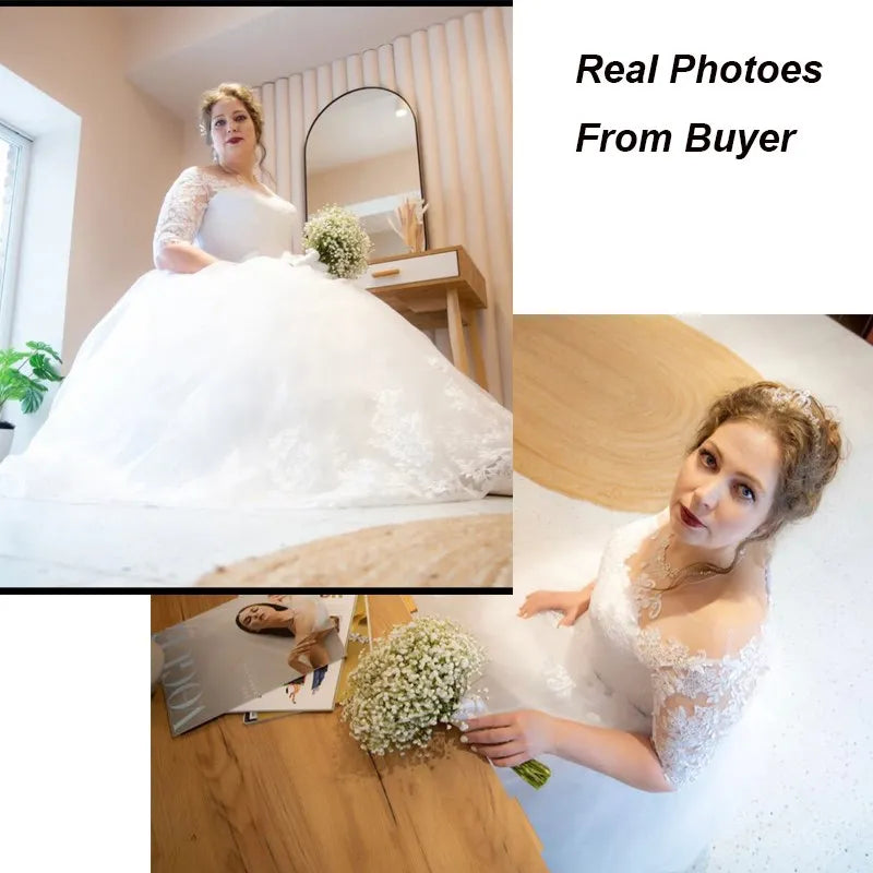 Lace and Tulle Wedding Dress With 3/4 Sleeve
