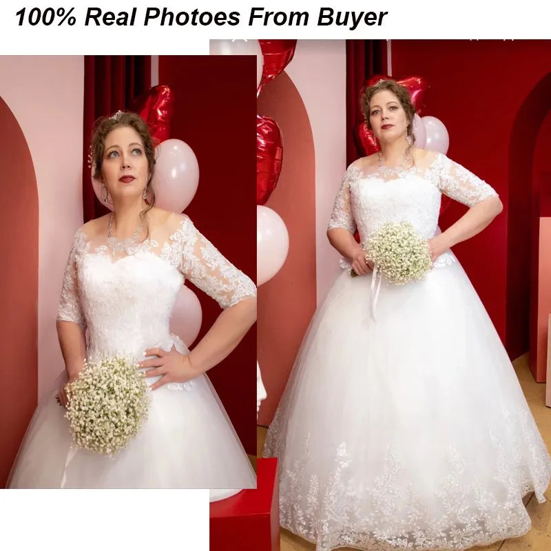 Lace and Tulle Wedding Dress With 3/4 Sleeve