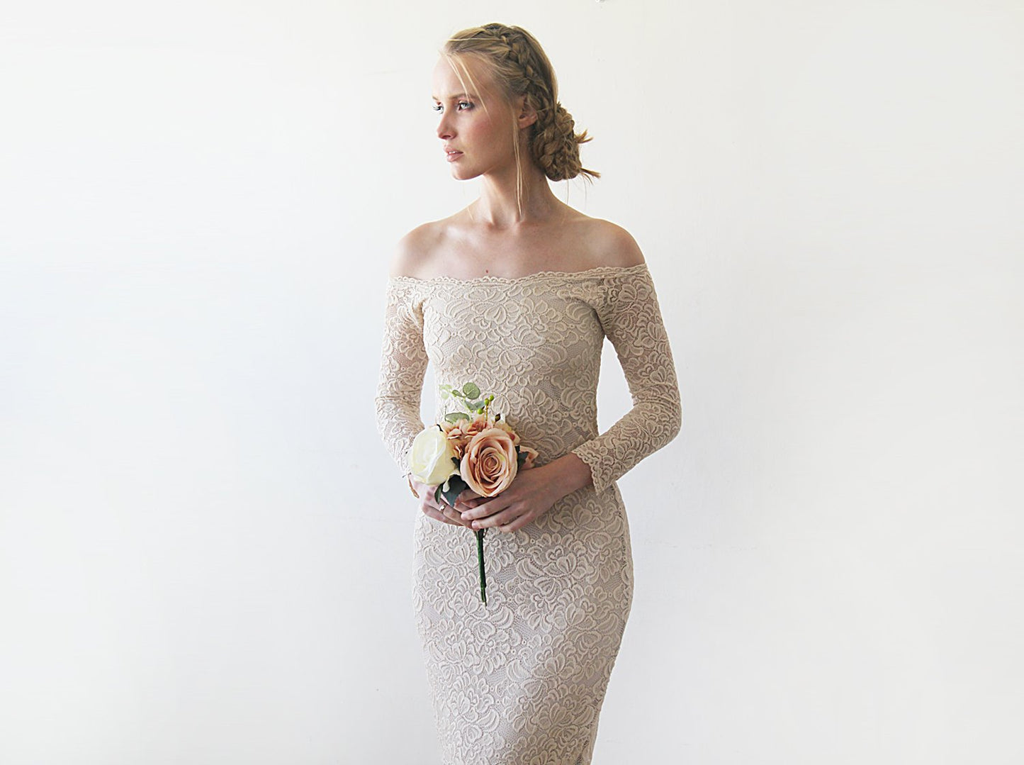 Champagne Lace Off Shoulder Mermaid Dress