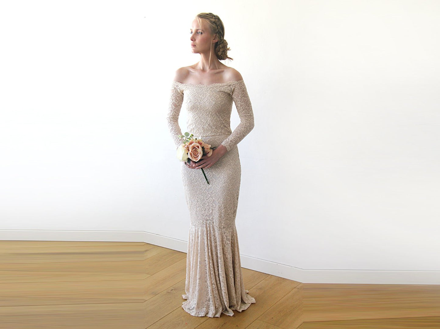 Champagne Lace Off Shoulder Mermaid Dress