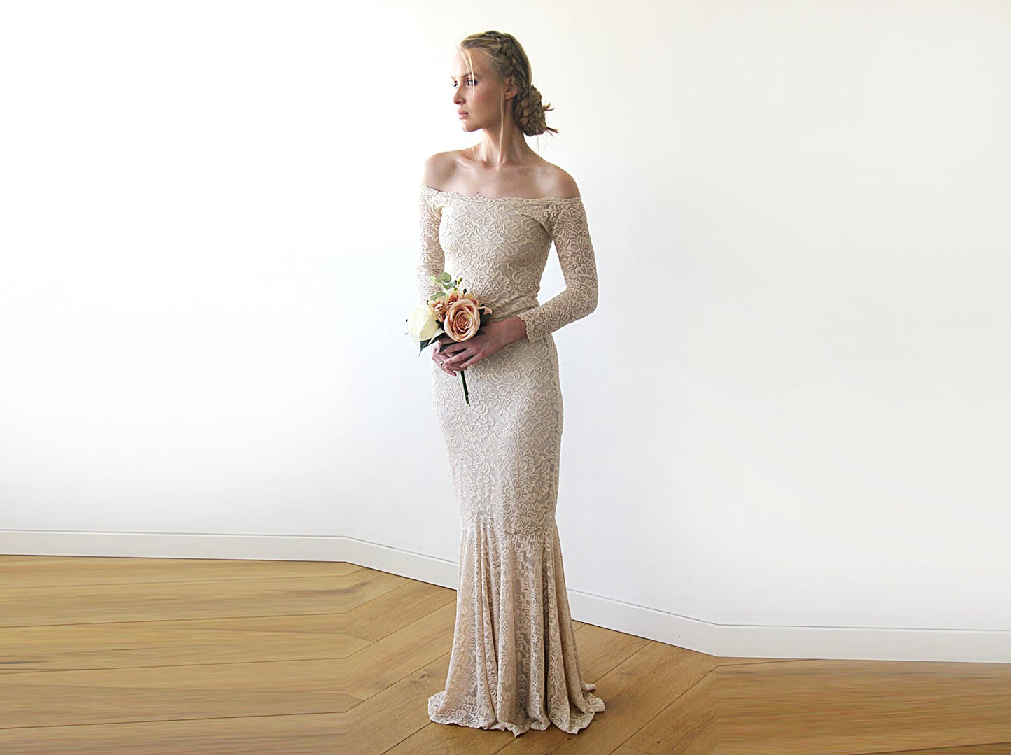 Champagne Lace Off Shoulder Mermaid Dress