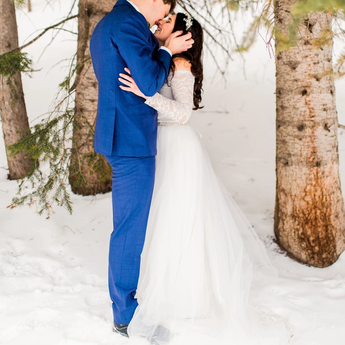 Ivory Off The Shoulder Lace & Tulle Wedding Dress With Train