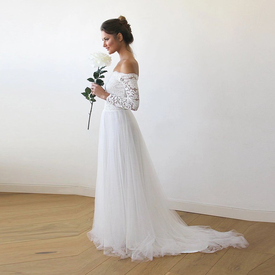 Ivory Off The Shoulder Lace & Tulle Wedding Dress With Train