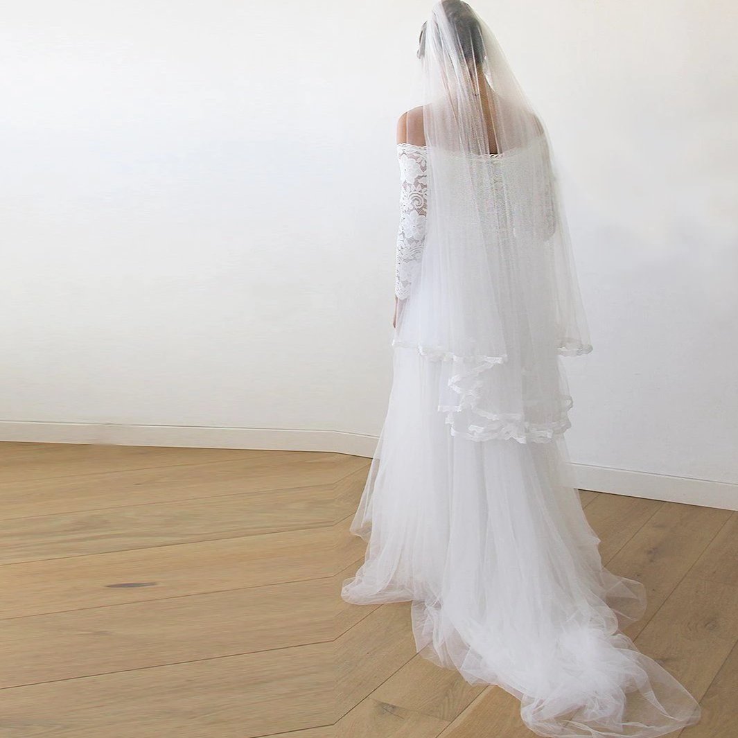 Ivory Off The Shoulder Lace & Tulle Wedding Dress With Train