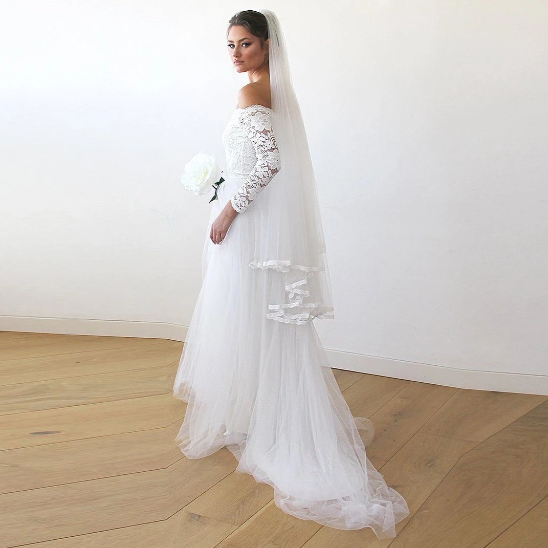 Ivory Off The Shoulder Lace & Tulle Wedding Dress With Train
