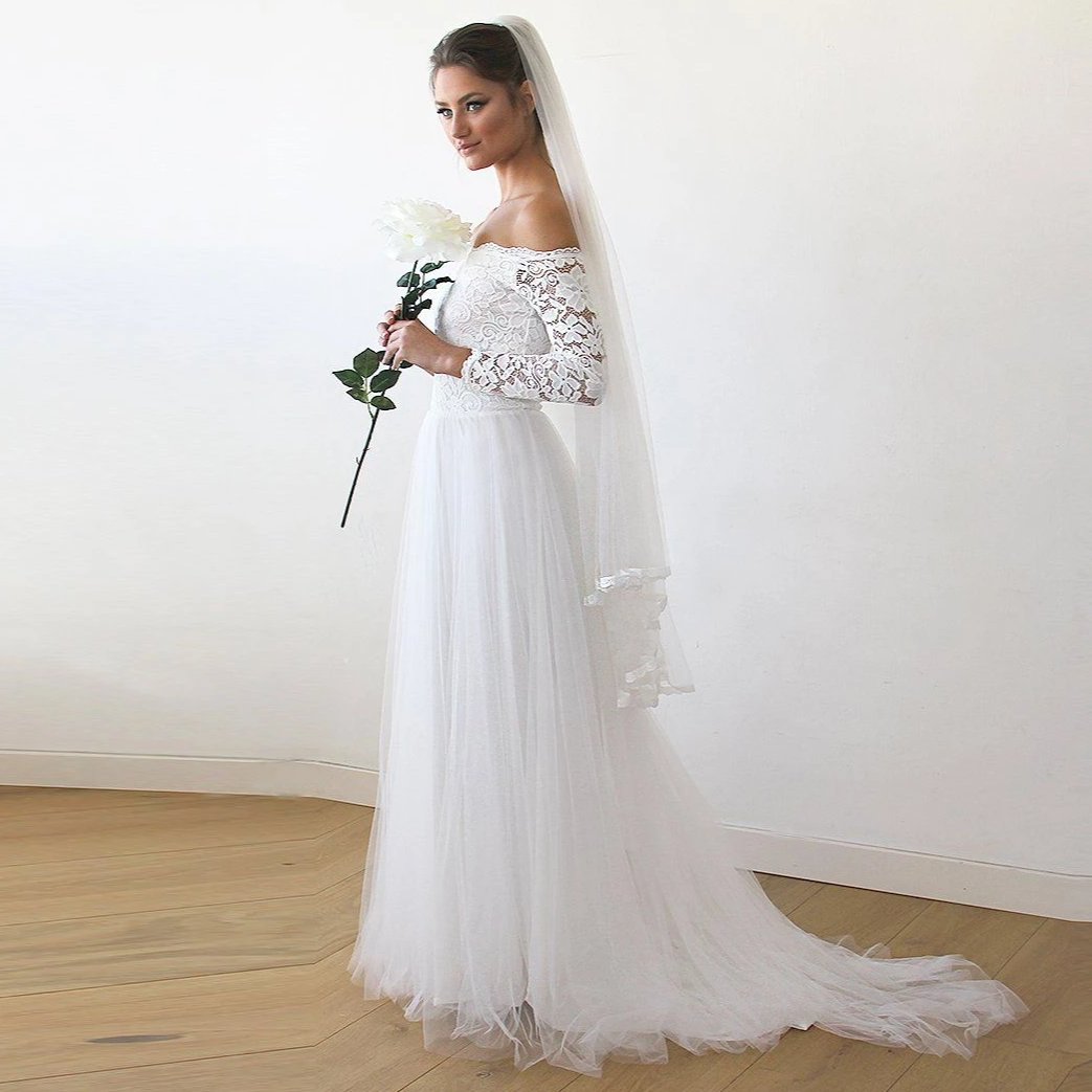 Ivory Off The Shoulder Lace & Tulle Wedding Dress With Train