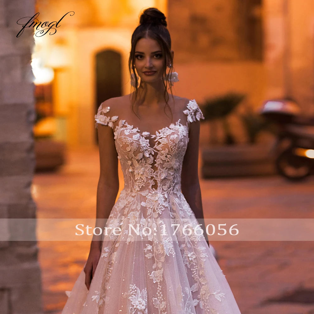 Backless Cap Sleeve Lace Bridal Gown With Flower Appliques