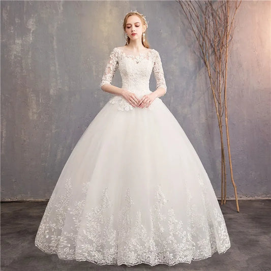 Lace and Tulle Wedding Dress With 3/4 Sleeve