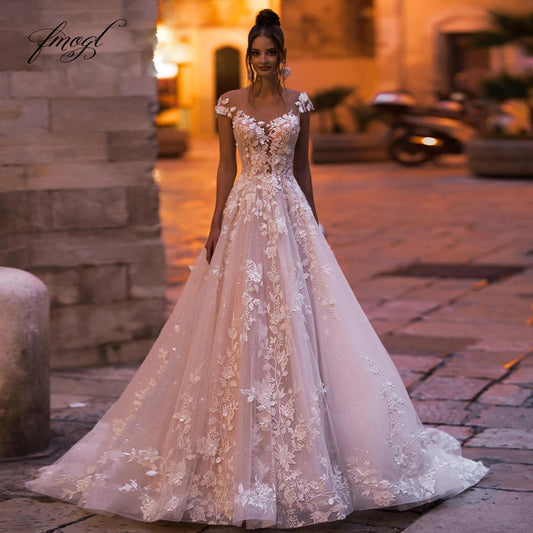 Backless Cap Sleeve Lace Bridal Gown With Flower Appliques