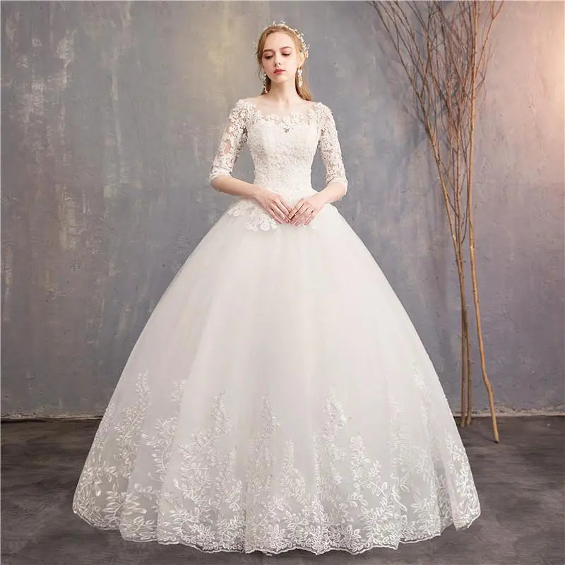 Lace and Tulle Wedding Dress With 3/4 Sleeve