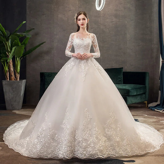 Vintage O Neck Full Sleeve Wedding Dress With Lace Embroidery