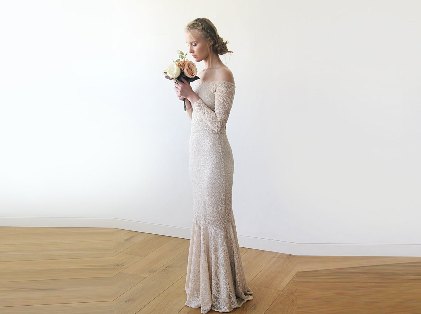 Champagne Lace Off Shoulder Mermaid Dress