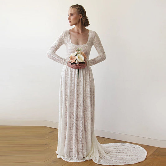 Square Neckline Wedding Dress with Train