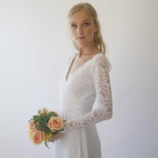 Wrap Lace Wedding Dress  With Long Sleeves