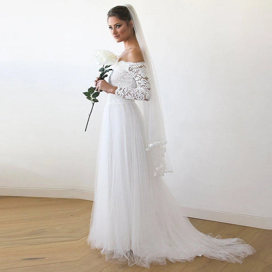 Ivory Off The Shoulder Lace & Tulle Wedding Dress With Train